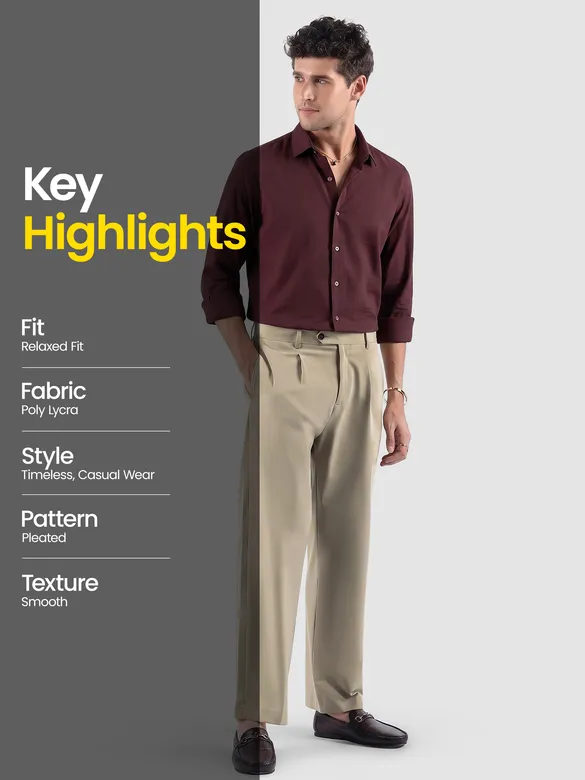 Beige Solid Korean Pants