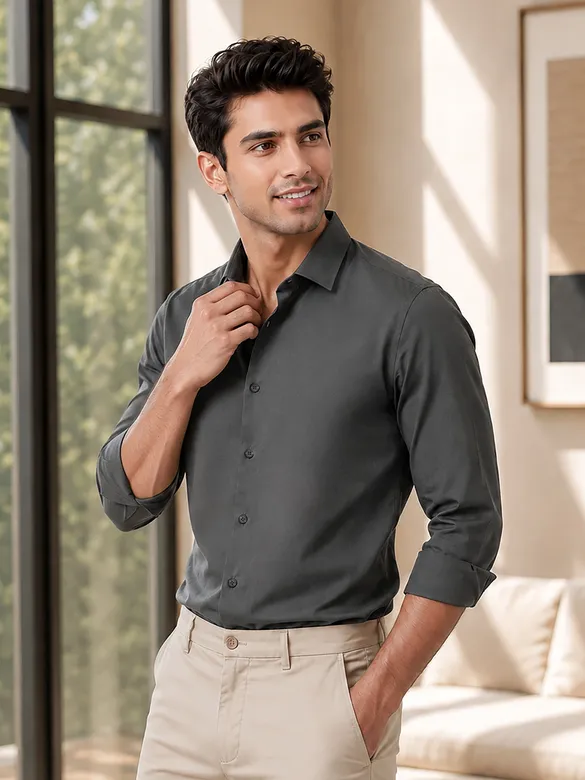Dark Grey Plain Cotton Shirts