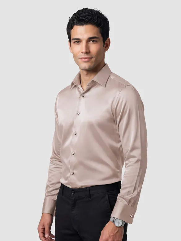 Clay Beige Double Cuff Satin Shirt