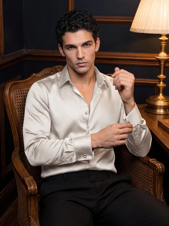 Clay Beige Double Cuff Satin Shirt