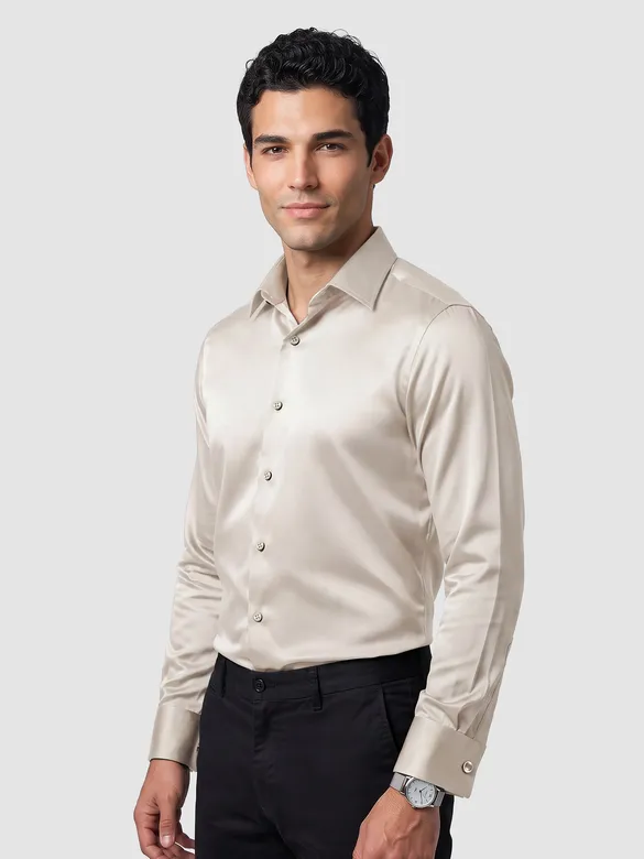 Clay Beige Double Cuff Satin Shirt