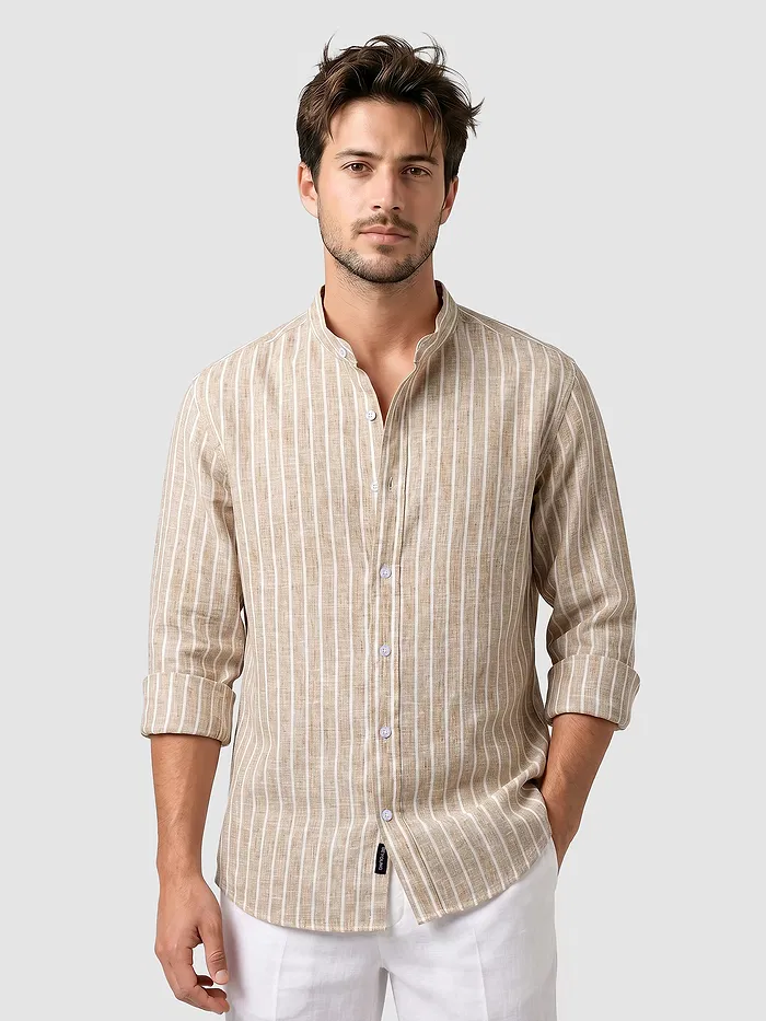 Sand Brown Linen Striped Shirt