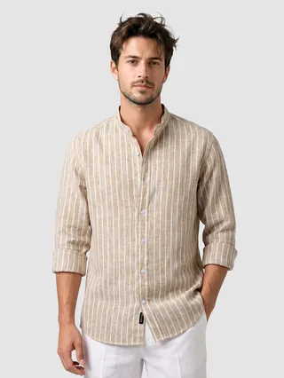 Sand Brown Linen Striped Shirt