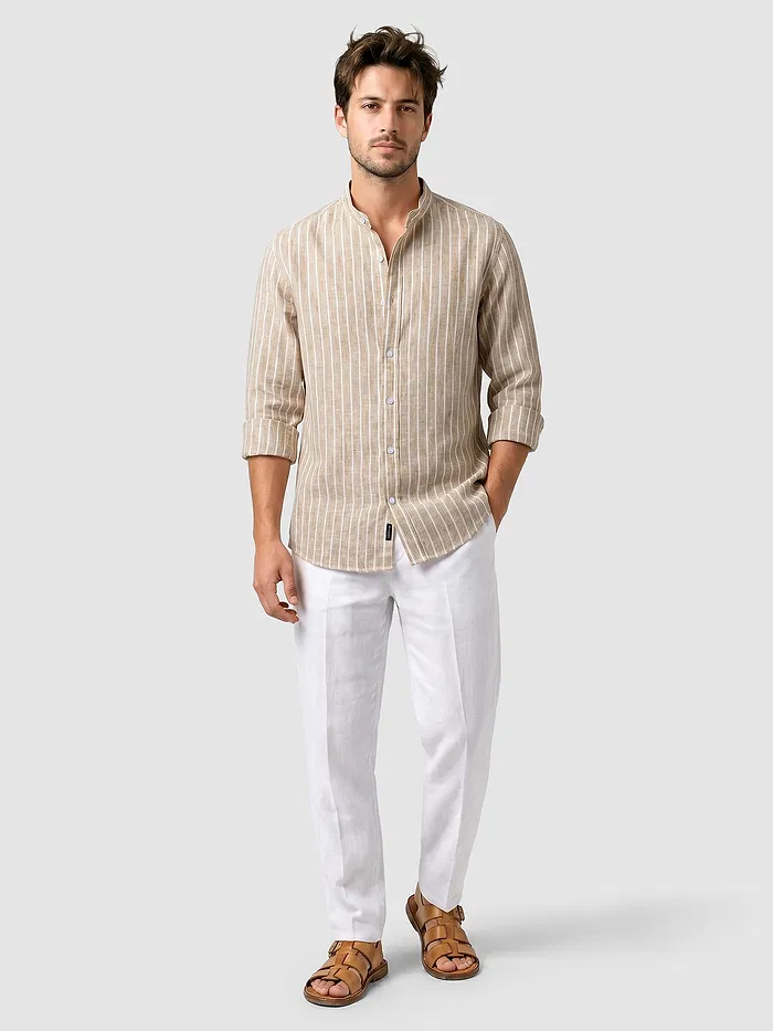 Sand Brown Linen Striped Shirt