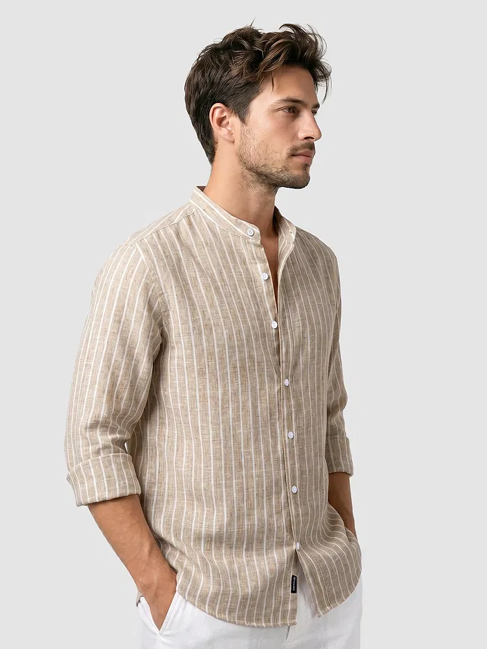 Sand Brown Linen Striped Shirt