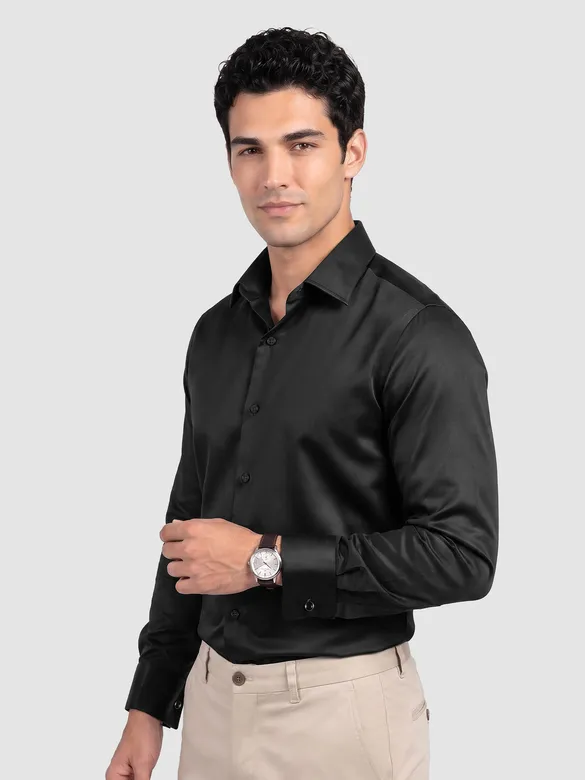 Black Double Cuff Satin Shirt