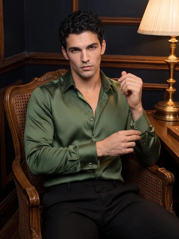 Dark Green Double Cuff Satin Shirt