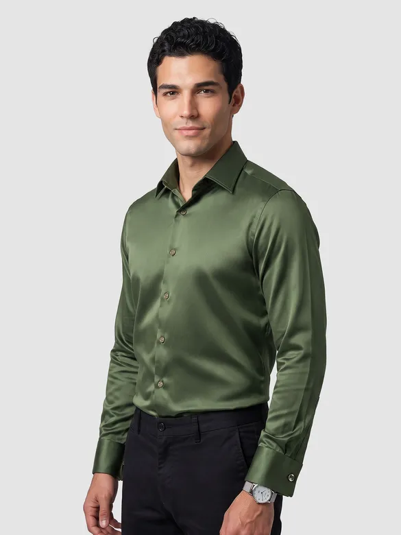Dark Green Double Cuff Satin Shirt