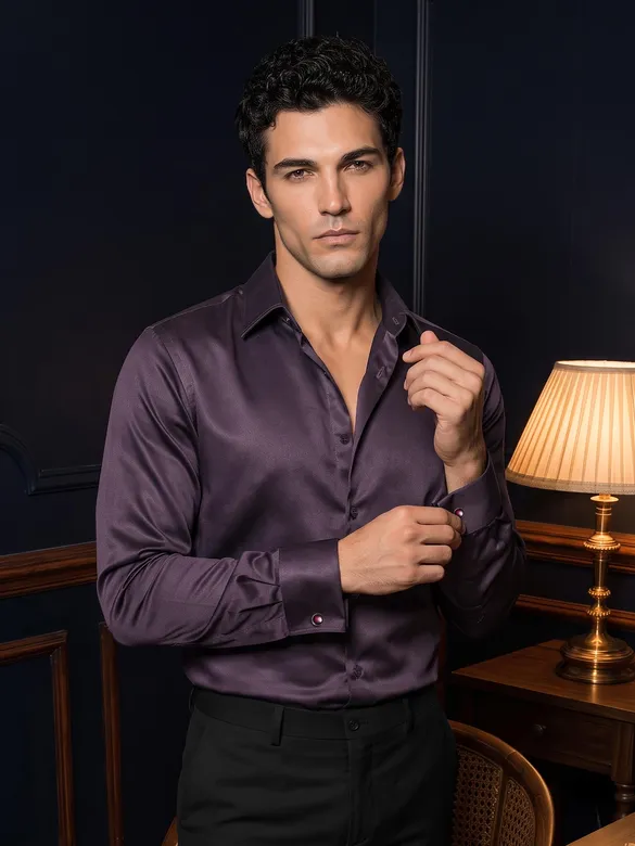 Dark Wine Double Cuff Satin Shirt