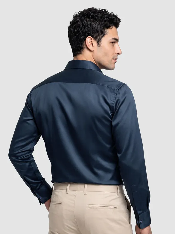 Navy Double Cuff Satin Shirt