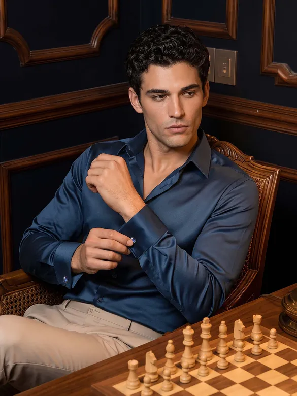 Navy Double Cuff Satin Shirt