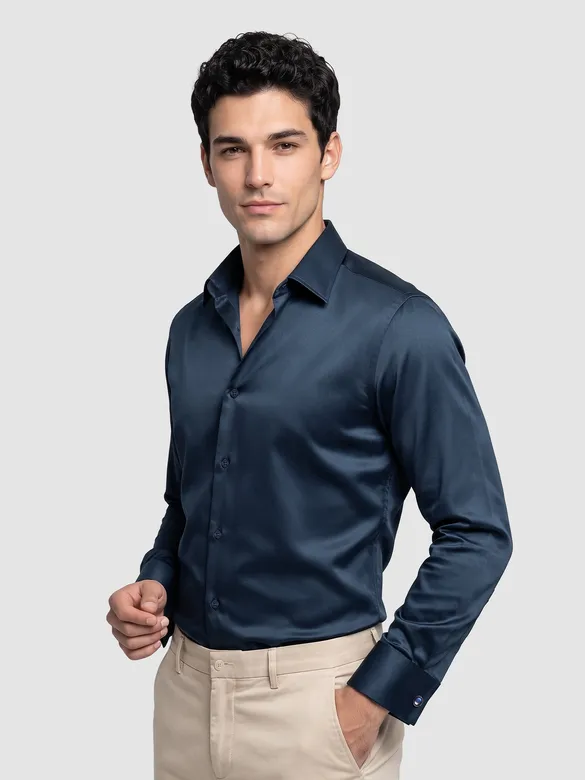 Navy Double Cuff Satin Shirt