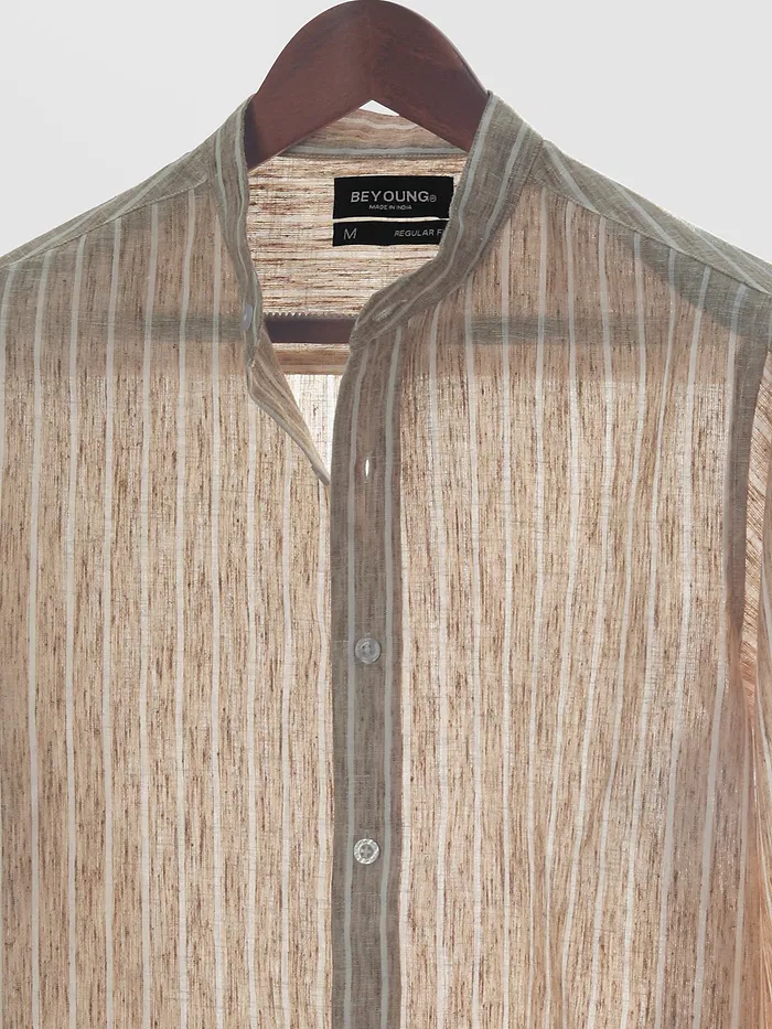 Sand Brown Linen Striped Shirt
