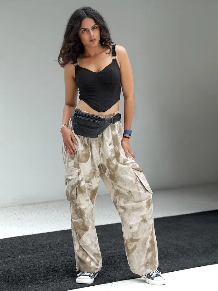 Beige Oversized Camo Cargo Pants for Women