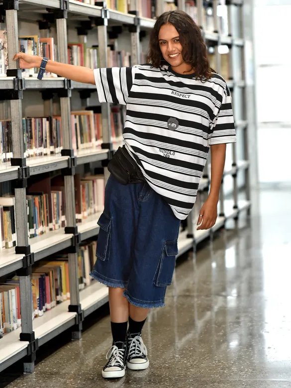Black Striped Knitted T-Shirt for Women