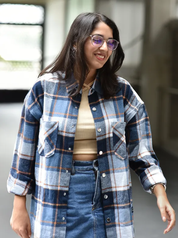 Blue Detachable Hoodie Flannel Shirt for Women