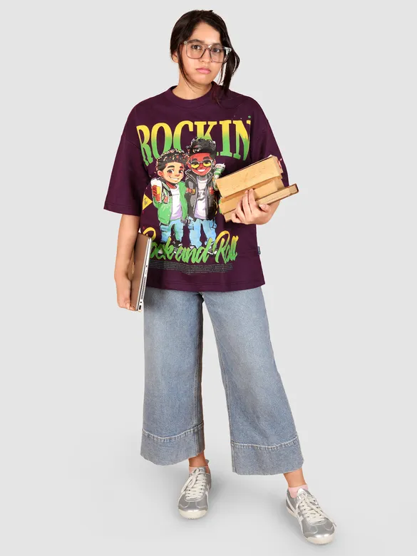 Dark Purple Rock and Roll HD Printed Oversized Tshirt for Women