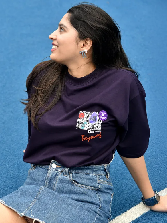 Dark Violet Blooming Puff Printed Oversized T-Shirt for Women