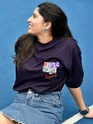 Dark Violet Blooming Puff Printed Oversized T-Shirt for Women