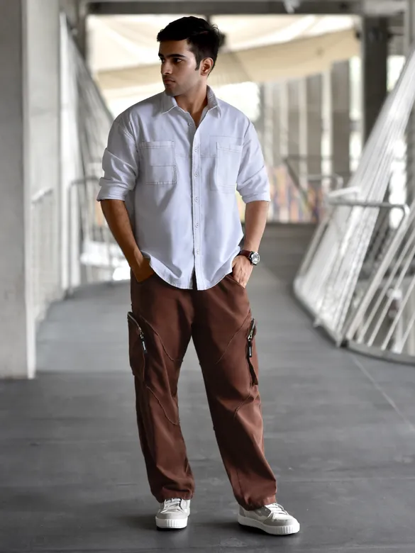 Caramel Brown Raw Edge 3D Pocket Cargo Pants