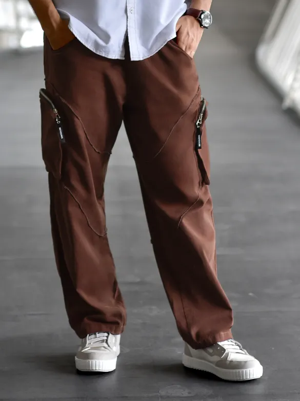 Caramel Brown Raw Edge 3D Pocket Cargo Pants
