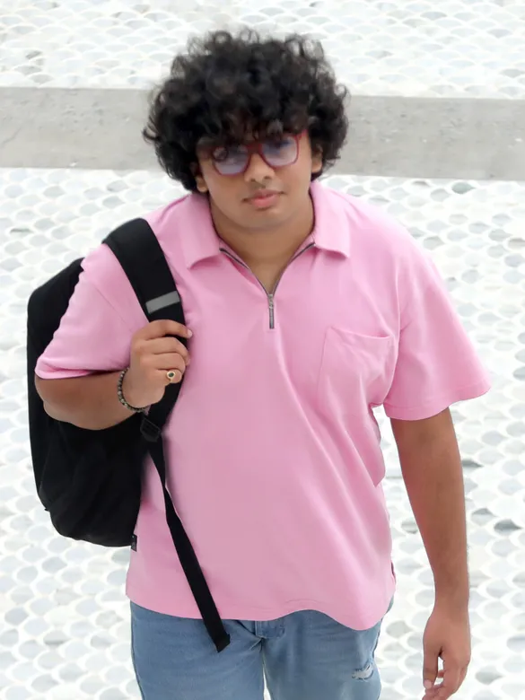 Pink Oversized Zipper Polo T-shirt