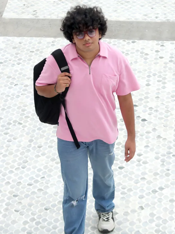 Pink Oversized Zipper Polo T-shirt