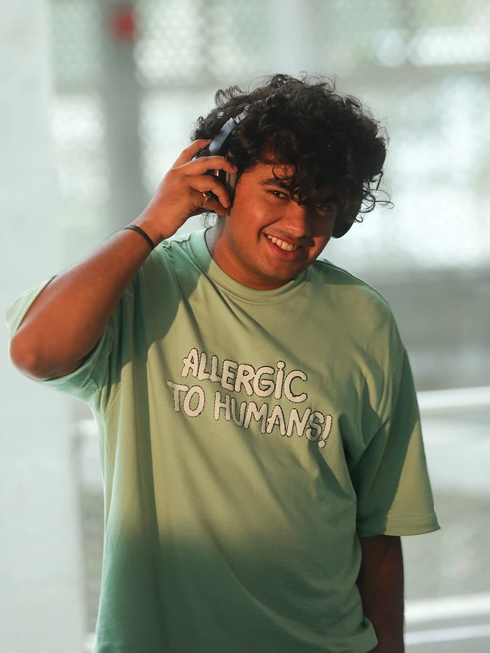 Pista Green Allergic To Human Puff Printed Oversized T-Shirt
