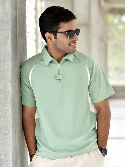 Sage Green Raglan Sleeve Zipper Polo T-Shirt