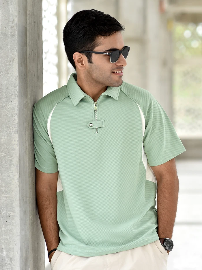 Sage Green Raglan Sleeve Zipper Polo T-Shirt