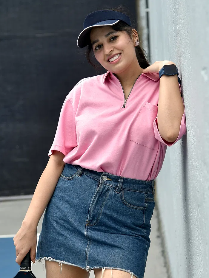 Pink Oversized Zipper Polo T-shirt for Women