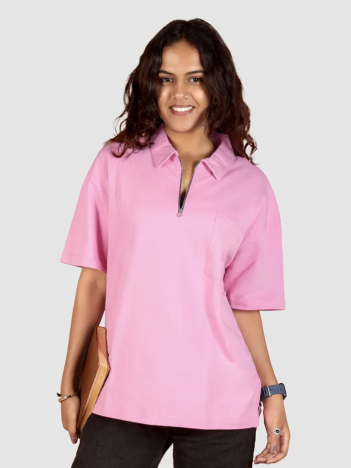 Pink Oversized Zipper Polo T-shirt for Women
