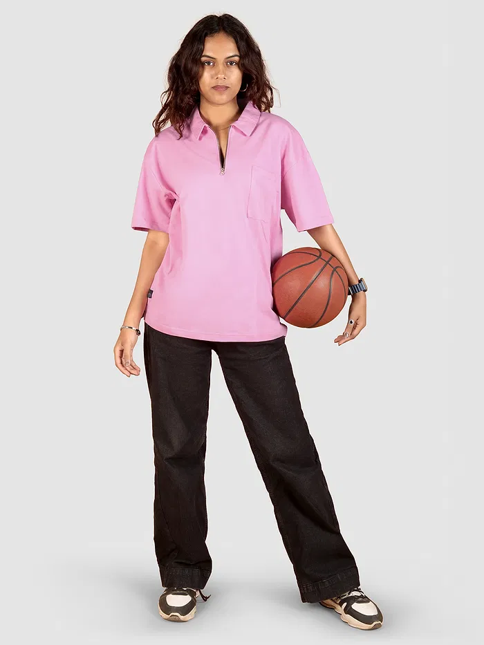 Pink Oversized Zipper Polo T-shirt for Women