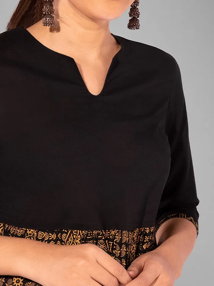 Black-Yellow Printed Short Flare Kurti