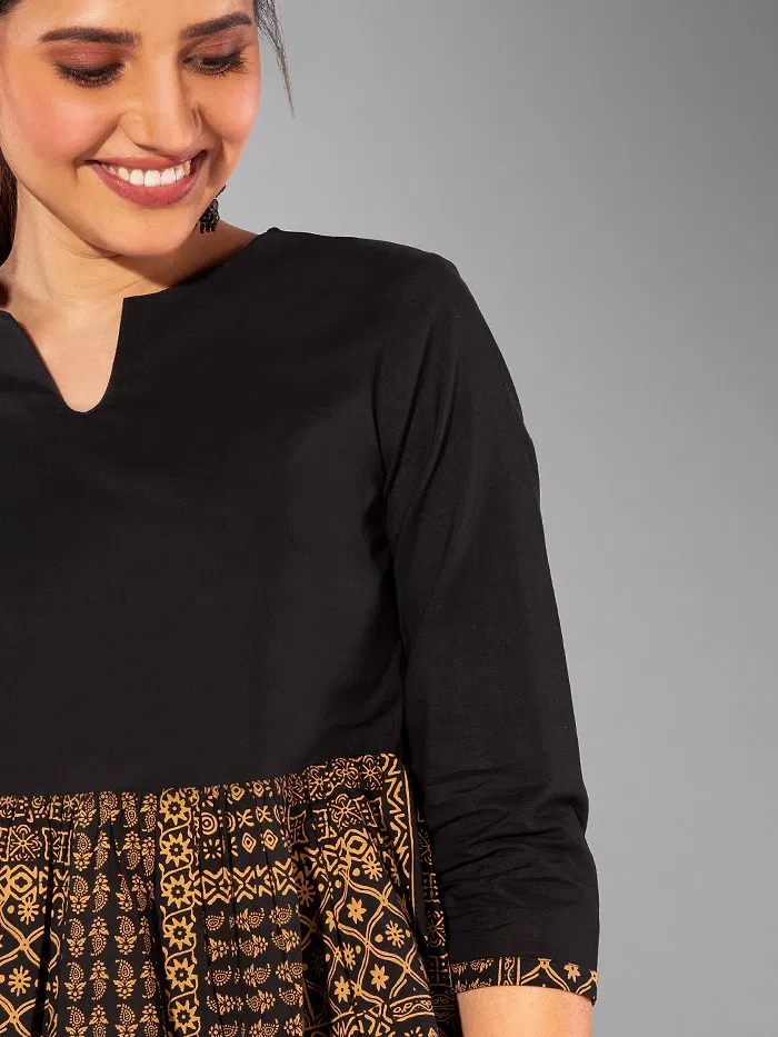 Black-Yellow Printed Short Flare Kurti