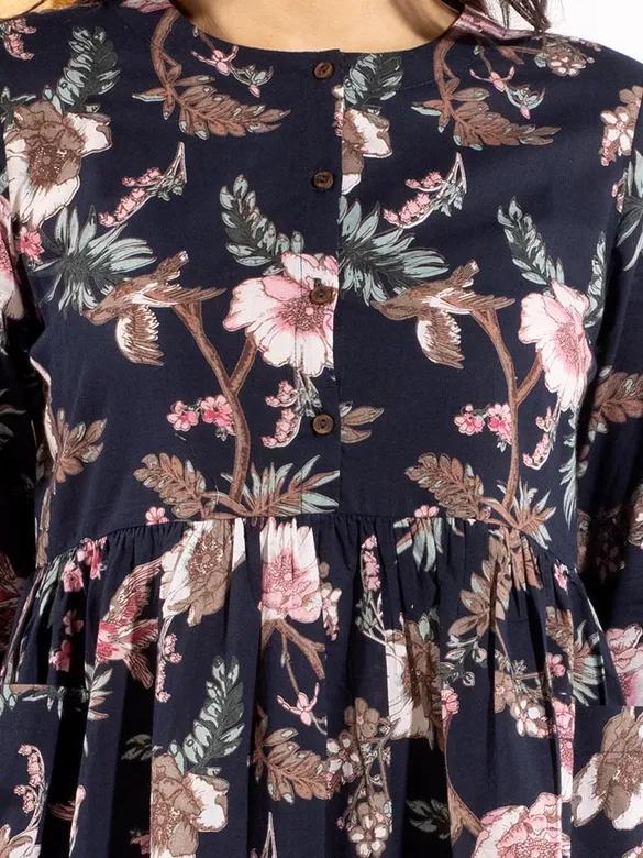 Peacock Blue Floral Flare Kurti With Beige Pant