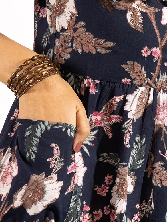 Peacock Blue Floral Flare Kurti With Beige Pant