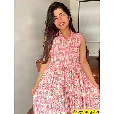 Printed Pink Collar Flare Kurti