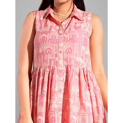 Printed Pink Collar Flare Kurti