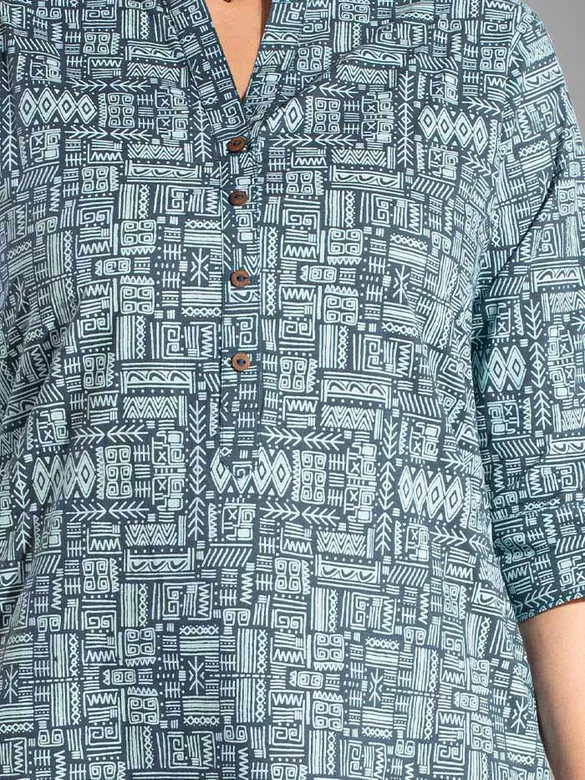 Tribal Printed Blue Straight Fit Kurti