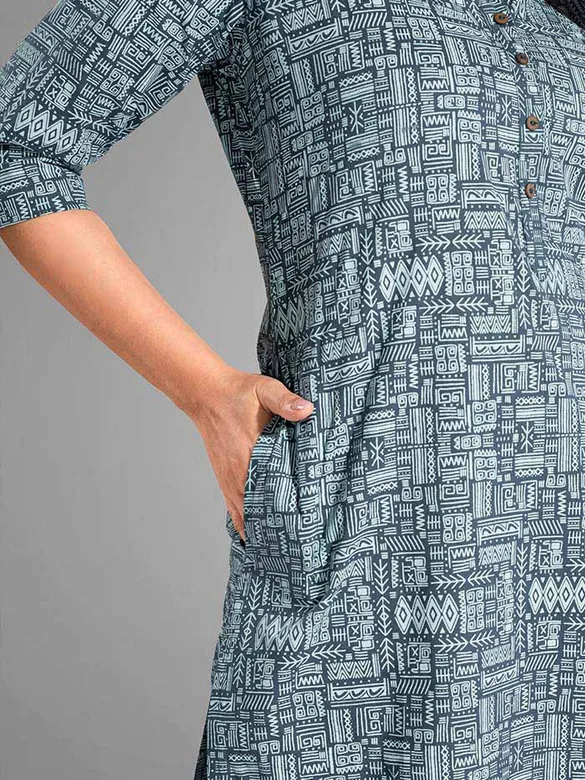 Tribal Printed Blue Straight Fit Kurti