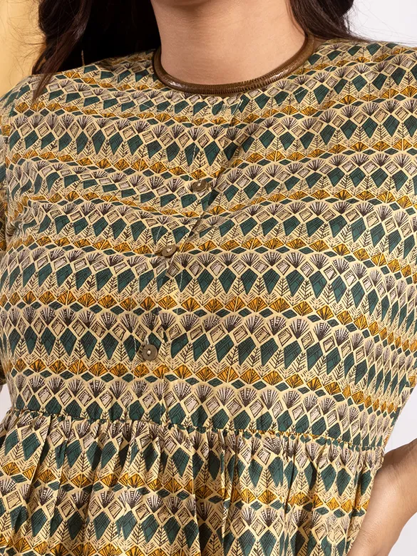 Tribal Printed Beige Flare Kurti With Bottle Green Pant