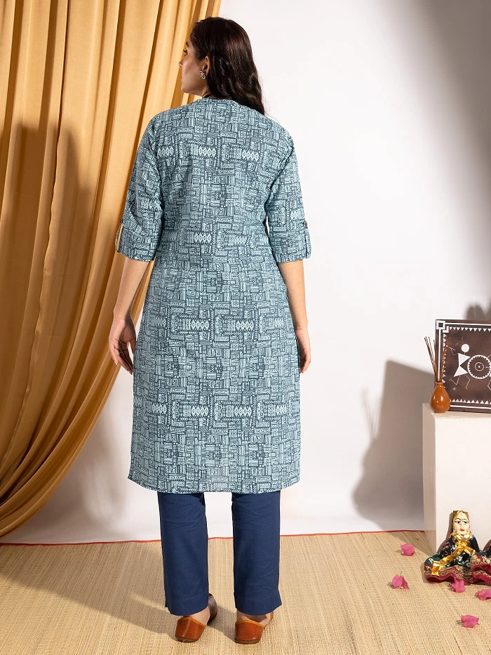 Tribal Printed Blue Straight Fit Kurti With Navy Blue Pant