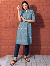 Tribal Printed Blue Straight Fit Kurti With Navy Blue Pant,