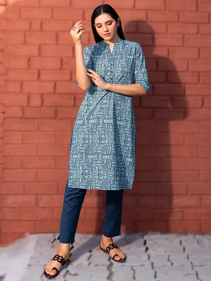 Tribal Printed Blue Straight Fit Kurti With Navy Blue Pant,