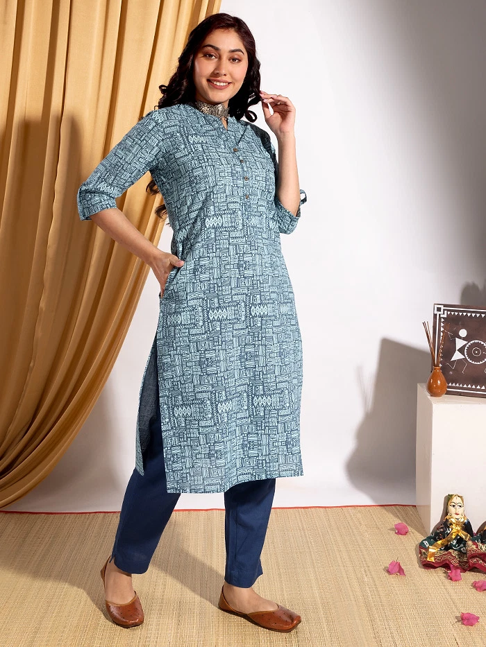 Tribal Printed Blue Straight Fit Kurti With Navy Blue Pant