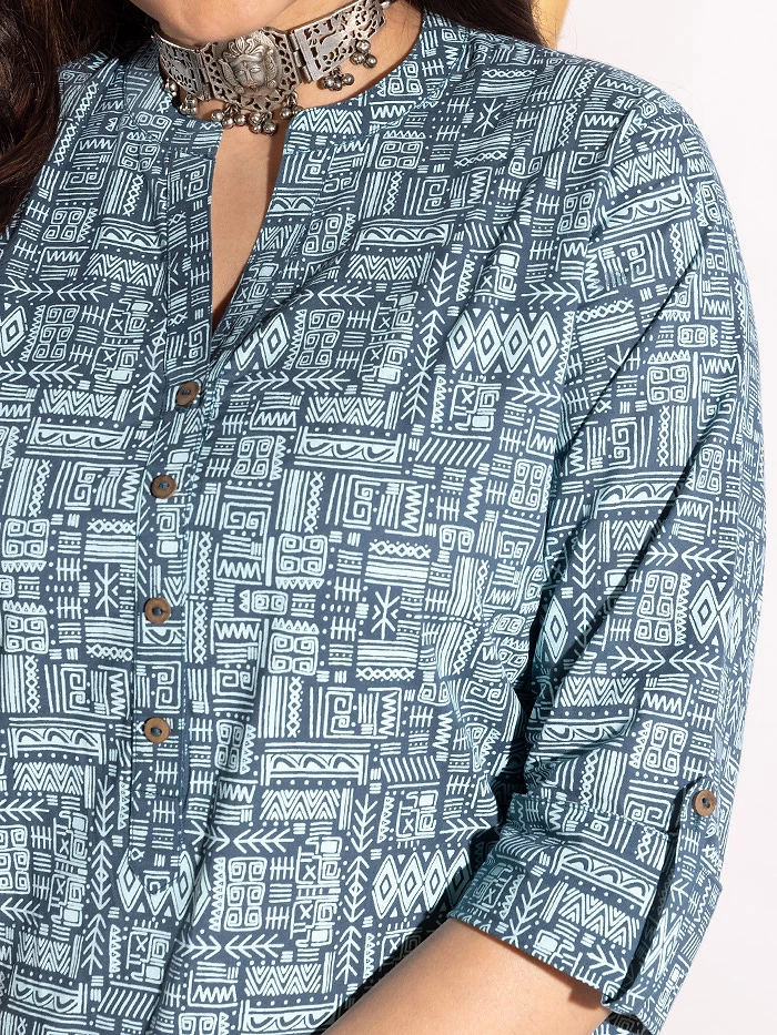 Tribal Printed Blue Straight Fit Kurti With Navy Blue Pant