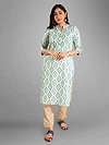 White with Blue Print Straight Kurti With Beige Pant,