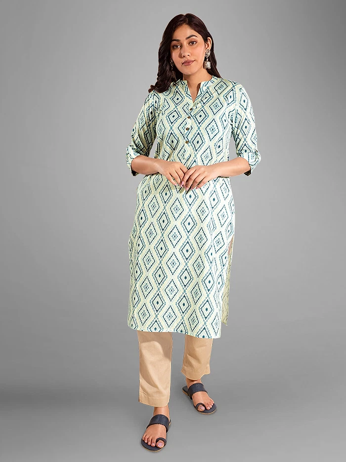 White with Blue Print Straight Kurti With Beige Pant,