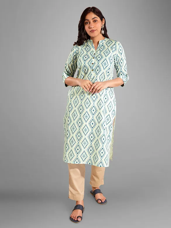 White with Blue Print Straight Kurti With Beige Pant,